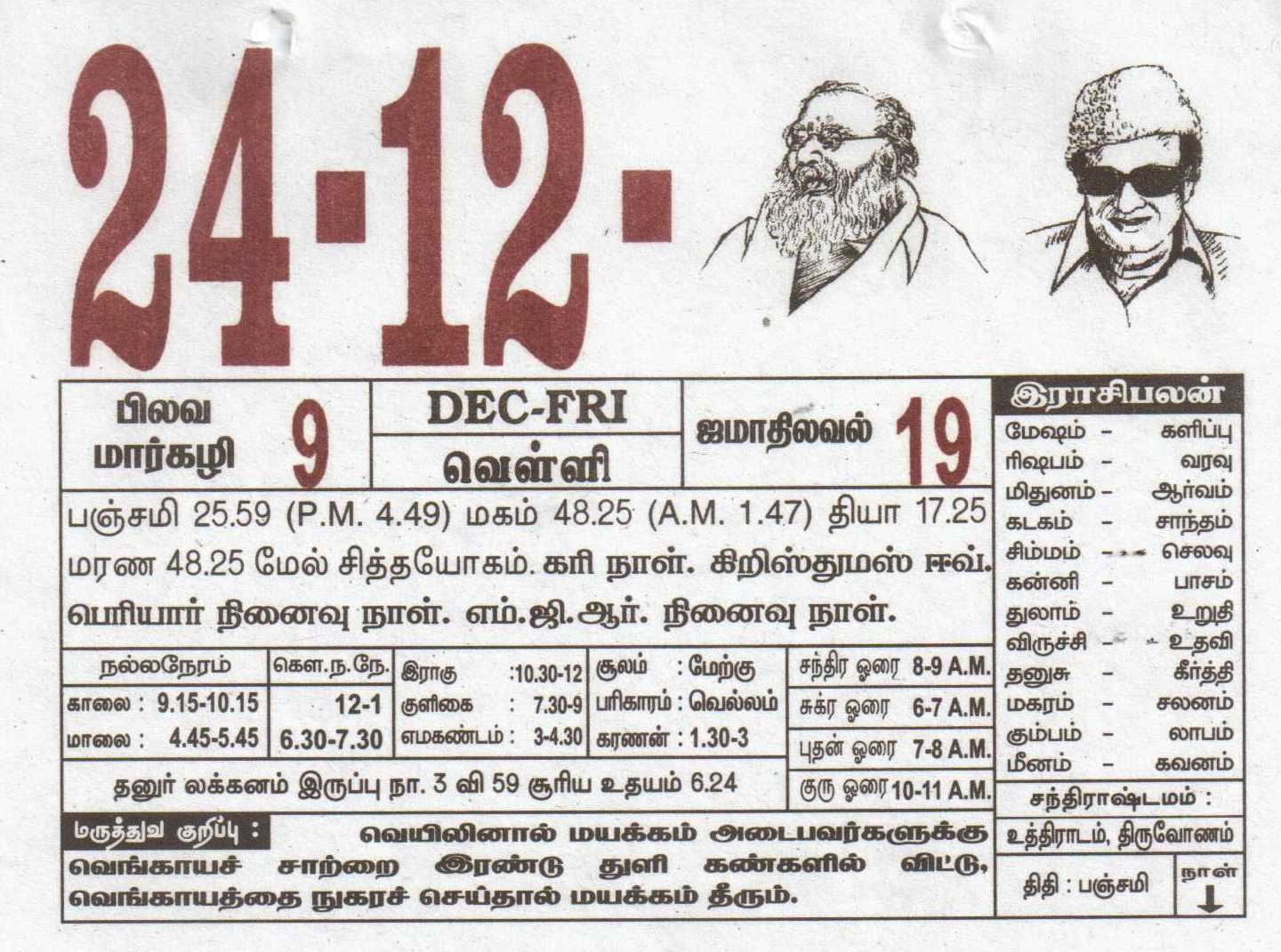 Tamil Daily Calendar 24122021 Date 24 , January daily Tear off