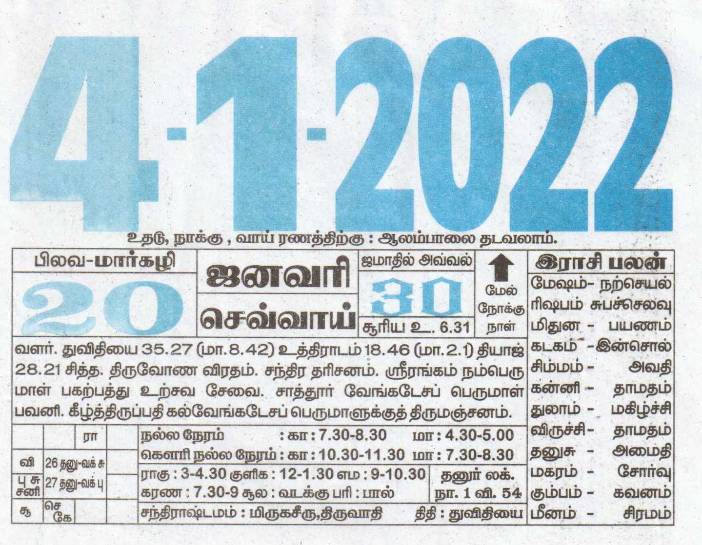 Todays Date 2022 Calendar 04-01-2022 Daily Calendar | Date 04 , January Daily Tear Off Calendar |  Daily Panchangam Rasi Palan